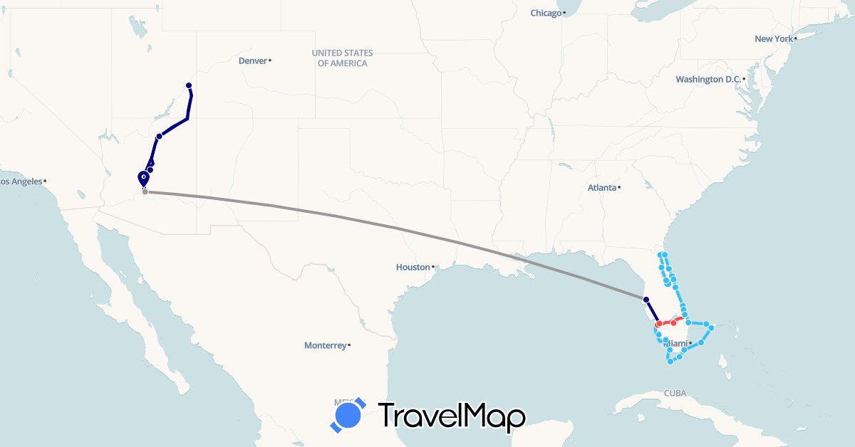 TravelMap itinerary: driving, plane, hiking, boat in Bahamas, United States (North America)